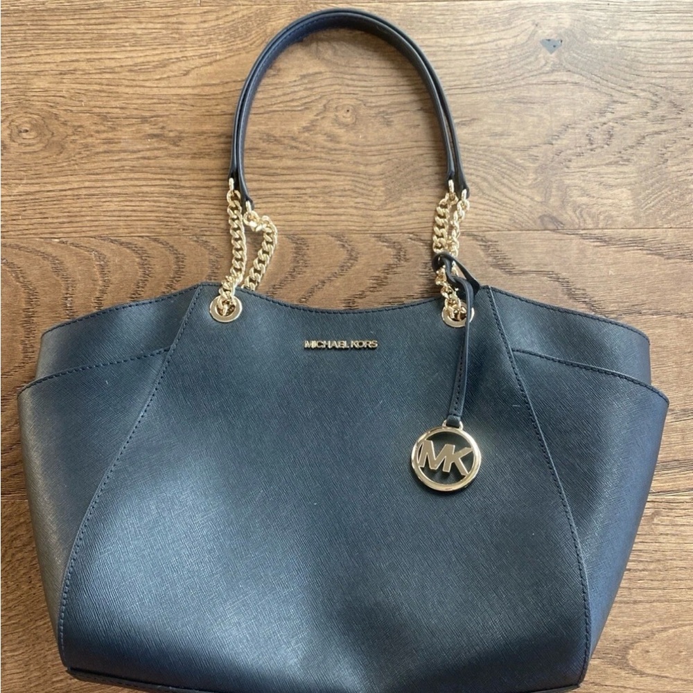 Michael Kors Jet Set Travel Large Chain Shoulder Tote Bag Black Leather